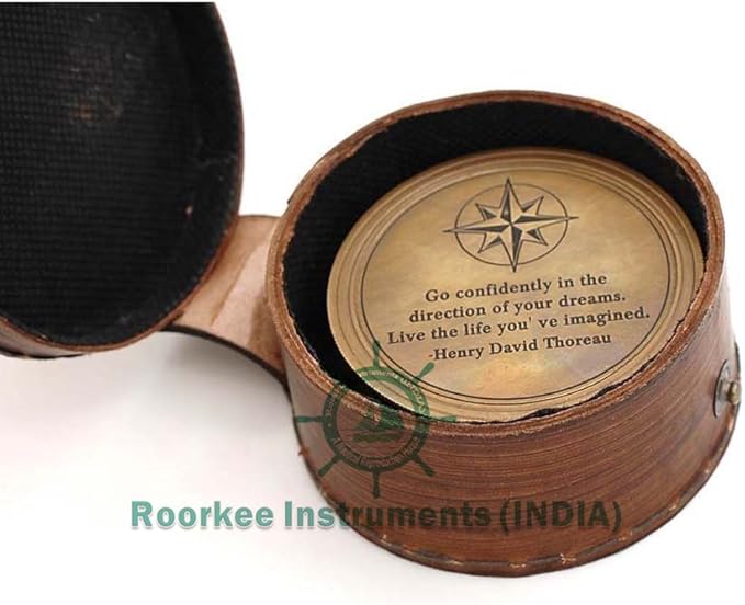 Handmade Brass Sundial Compass โ Thoreau Dream Chaser Quote โ Go Confidently in The Direction of Your Dreams โ Vintage Sun Clock with Leather Case โ Gift for Explorer, Graduate or Loved One