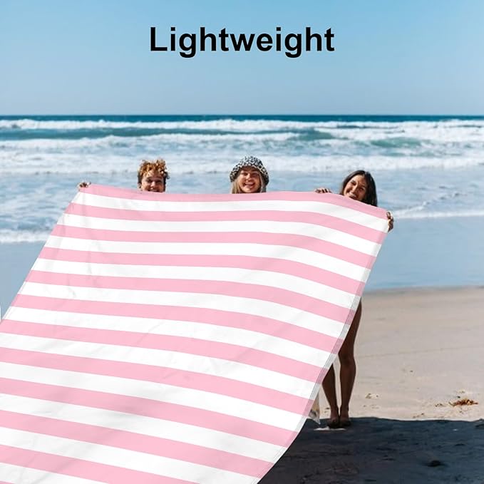 Pink Stripe Beach Blanket Sandproof Waterproof, Extra Large 78''×86'' Beach Mat for 1-4 Adults with Stakes and Sand Pocket, Compact Lightweight Sand Free Picnic Mat Beach Essential
