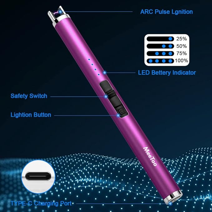 MeeToo Candle Lighter Electric Lighter Rechargeable USB Type-C Lighters for Candle BBQ Camping Fireworks (Purple)