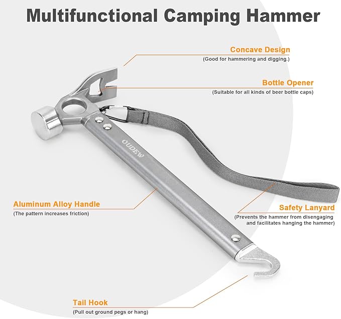 Tent Stakes and Hammer Set,10pcs 10 in Heavy Duty Metal Tent Stakes + 12in Camping Hammer + Reflective Camping Rope + Storage Bag,Camping Accessories for Ground,Camp and Graden(Black)