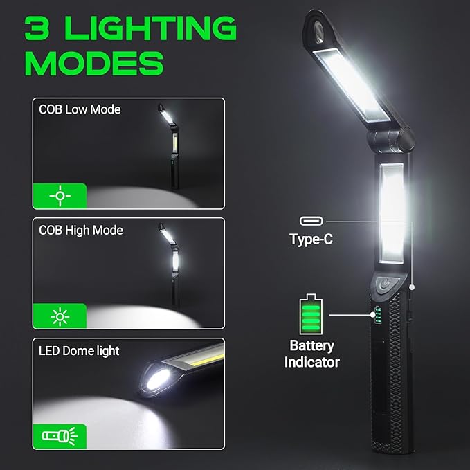Ropelux Work Light, Rechargeable Led Work Light 1500 Lumens, 180° Rotate Foldable Mechanic Work Light 3 Modes, with 4 Strong Magnetic and Hook, Work Lights for Mechanics Car Repairing/Under Hood