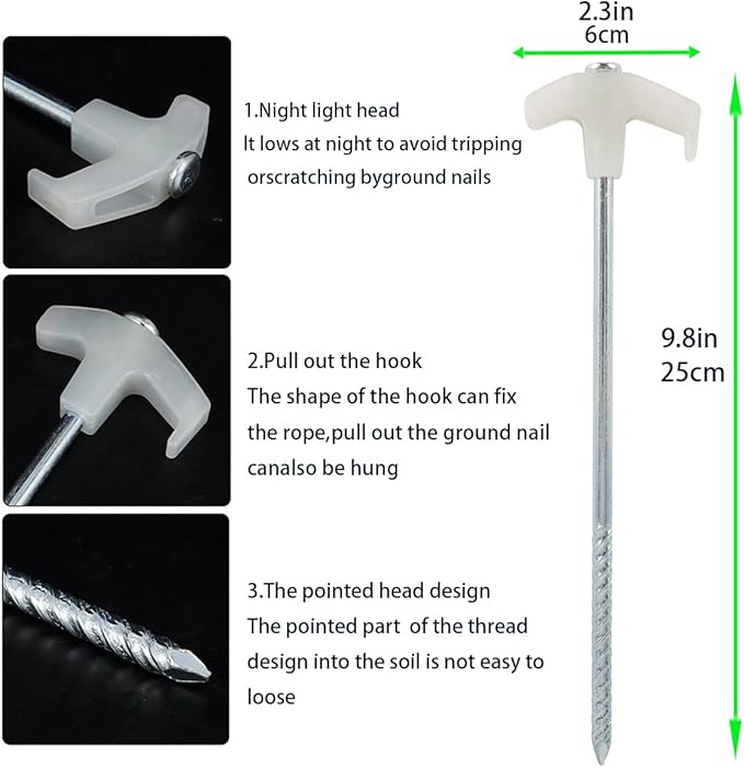 Metal Stake, 9.8-inch Heavy-Duty Luminous Tent Camping pop-up Tent Stake, Spiral Stake, Screw in Tent Stake, Suitable for Camping Tents, shelter Tents, Canopy Tents, Garden Terrace Tents