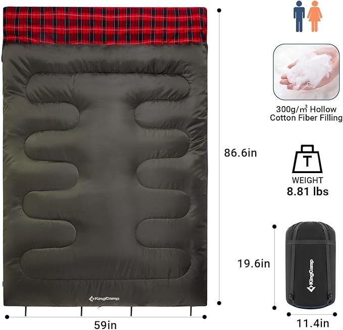 KingCamp Double Sleeping Bag for Adults, Queen Size 2 Person XXL Flannel Sleeping Bag, Waterproof Lightweight Flannel Quilt with 2 Pillows, Perfect for Couples Family Camping Hiking