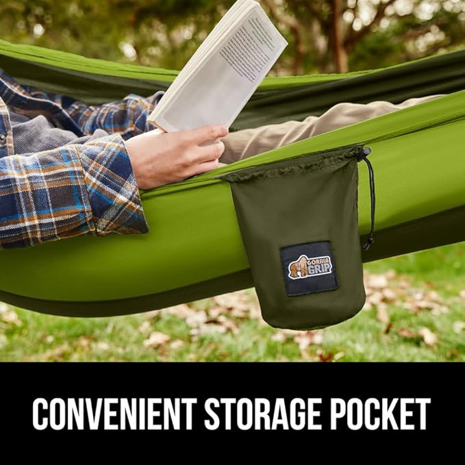 GORILLA GRIP Durable Portable Camping Hammock, Holds 400lbs with Heavy Duty Tree Straps, Comfortable Travel Swing, Camp Hammocks, Easy to Use and Install, Outdoor Essentials, Green, 9x4.5 FT