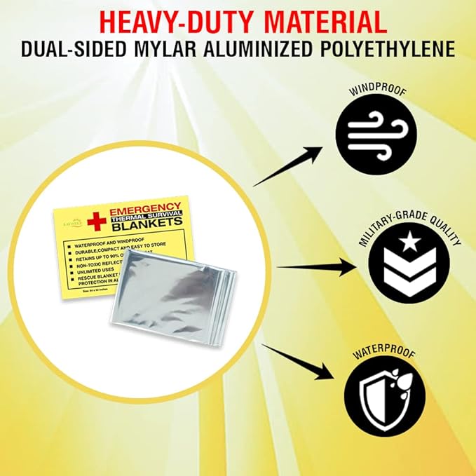 Rawyer (10 Pack) Emergency Thermal Survival Blankets, Mylar Blankets for Outdoor, Camping, Hiking, Survival in Harsh Weather, Large Silver Thermal Sheets, Heavy Duty Survival Gear (10, 84x52)