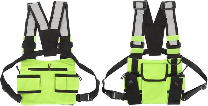 Radio Chest Harness Bag, Universal Two Way Adjustable Oxford Cloth Radio Vest Rig Walkie Talkie Case with Front Pack Pouch, Fruit Green