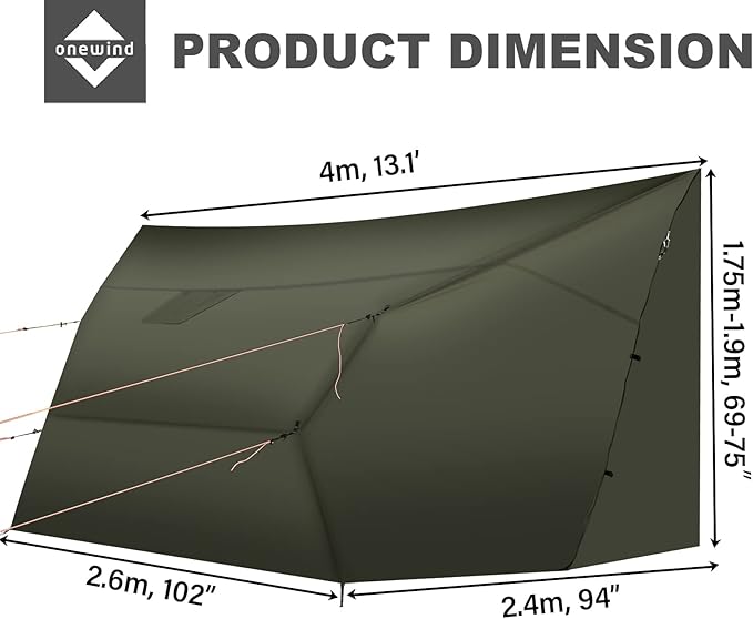 Onewind Penumbra Hot Tent, 14ft Camping Hammock Tarp for 4-Season, Waterpoof and Flame Retardant Hammock Rain Fly with Stove Jack for Winter, Outdoor Camping, OD Green