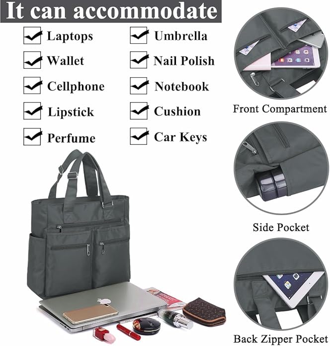VOLGANIK ROCK Canvas Tote Bag Waterproof Nylon Multi Pocket Shoulder Bags Laptop Work Bag Teacher Purse Handbag for Women Men