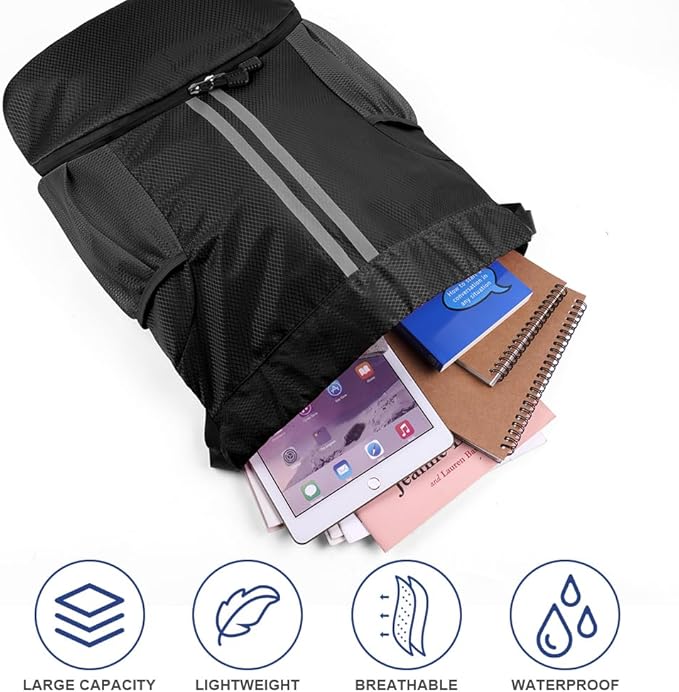 Drawstring Backpack, Waterproof Sports Backpack, Large Sports Gym Bag With Shoe Compartment and Water Bottle Mesh Pockets, for Sports Beach Holidays Swimming Travel (Black)