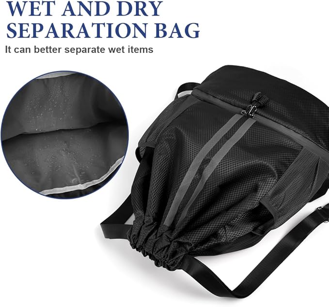 Drawstring Backpack, Waterproof Sports Backpack, Large Sports Gym Bag With Shoe Compartment and Water Bottle Mesh Pockets, for Sports Beach Holidays Swimming Travel (Black)