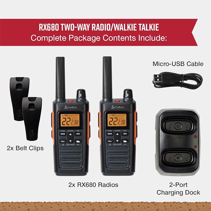Cobra RX680 2 Watt Rugged Walkie Talkies - Waterproof & Dustproof, Rechargeable, Long Range up to 38-Mile Two Way Radio with NOAA Weather Alert & VOX ( 2 Pack )