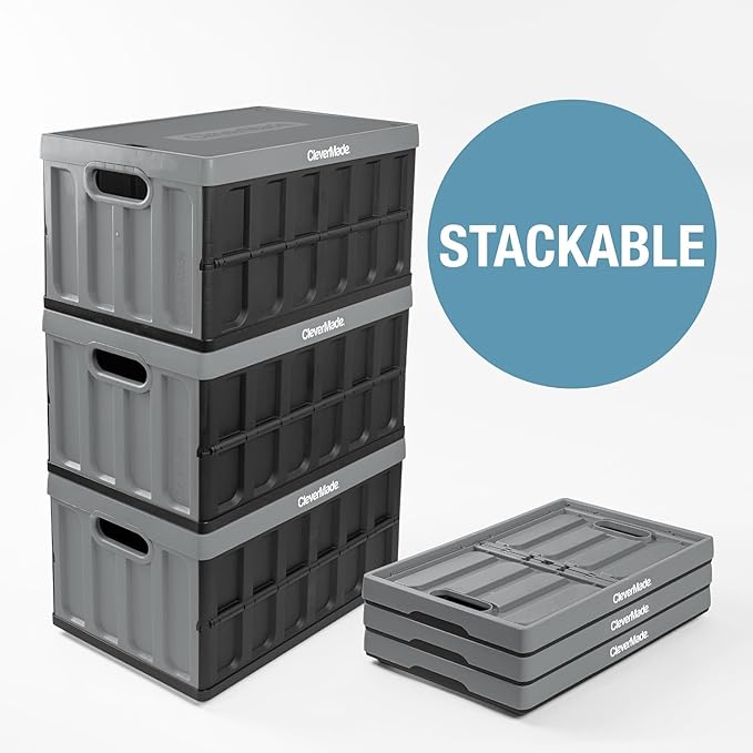 CleverMade Collapsible Storage Bins with Lids - Stone 3 Pack 46L - Plastic Containers Stackable Organization Crates Home Closet Space-Saving Durable