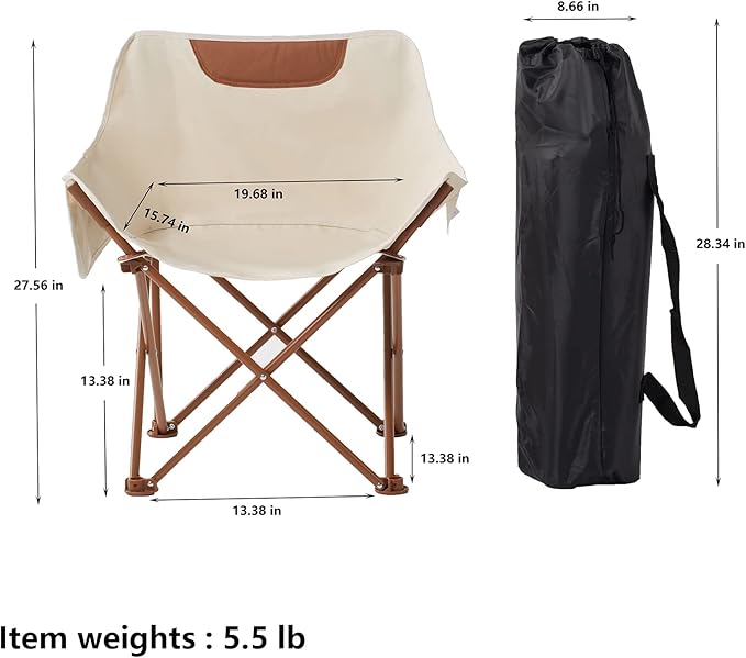 Portable Lightweight Camping Chair, Foldable Chair with Carry Bag and Side Pocket, Compact Outdoor Chair for Camping Hiking Fishing Beach Picnic (Khaki)