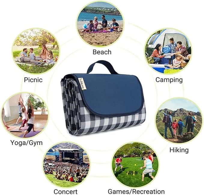 RUIBOLU Beach Blanket Large Picnic Blankets, Sandproof Beach Mat for 2-4 Adults Waterproof Quick Drying Outdoor Picnic Mat for Travel Camping Hiking Festival Park Lawn (Dark Blue Plaids)