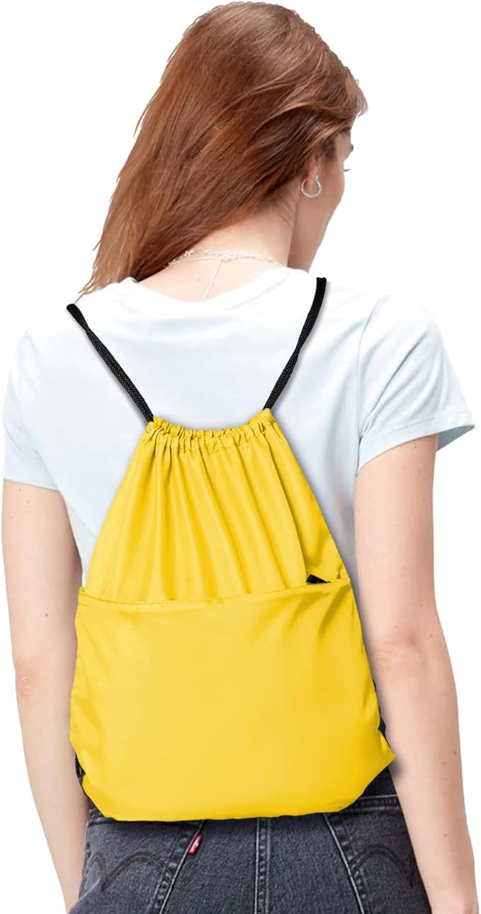 BuyAgain Drawstring Backpack Sports Water Resistant String Bag Sport Gym Sackpack for Women Men Large with Zipper, Yellow