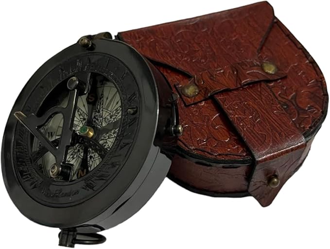 Nautical Camping Hiking Handmade Direction Compass Antique Brass Sundial Style Compass with Leather Case Gifts for Graduation, Baptism, Confirmation Boys, Girls
