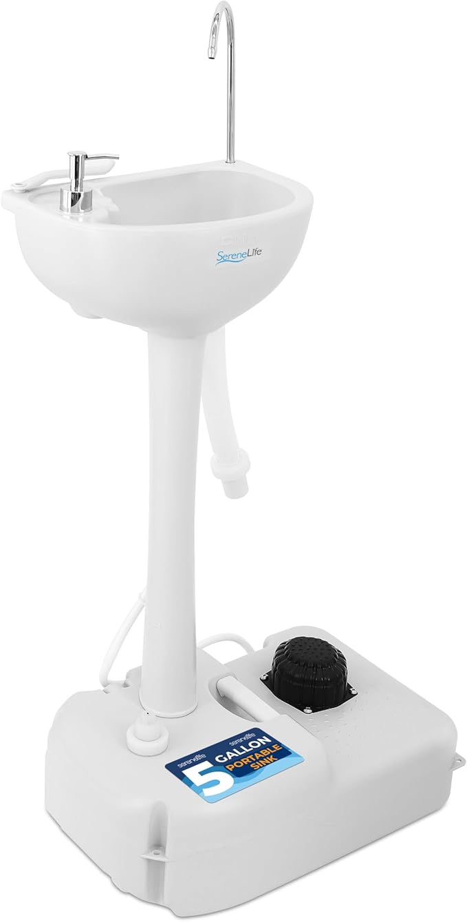 SereneLife Portable Camping Sink w/Towel Holder & Soap Dispenser-19L Water Capacity Hand Wash Basin Stand w/Rolling Wheels-for Outdoor Events, Gatherings, Worksite & Camping- SLCASN18, Standard, White