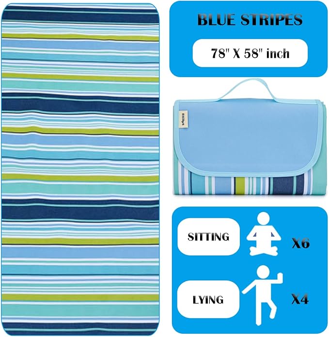 Picnic Blanket Waterproof Washable Foldable 58''x79'',Extra Large Picnic Mat, Dual Layers for Outdoor Water-Resistant Handy Mat, Beach, Intdoor,Camping on Grass - Blue Stripes