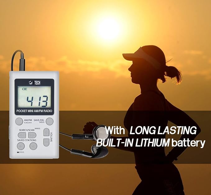 BTECH MPR-AF1 AM FM Personal Radio with Two Types of Stereo Headphones, Clock, Great Reception and Long Battery Life, Mini Pocket Walkman Radio with Headphones (White)
