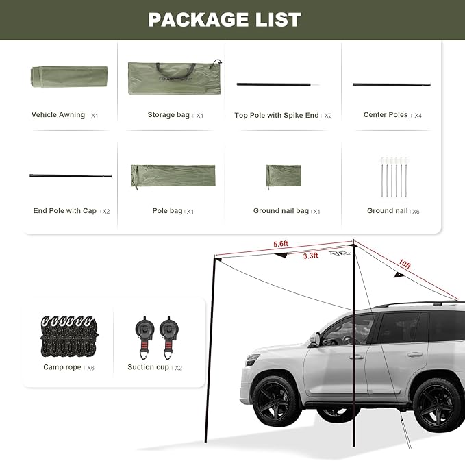 Portable Car Awning for SUV, 10 x 5.6 FT Van Truck Awning for Camping, Needn't Roof Rack Hardwares Waterproof UV50+