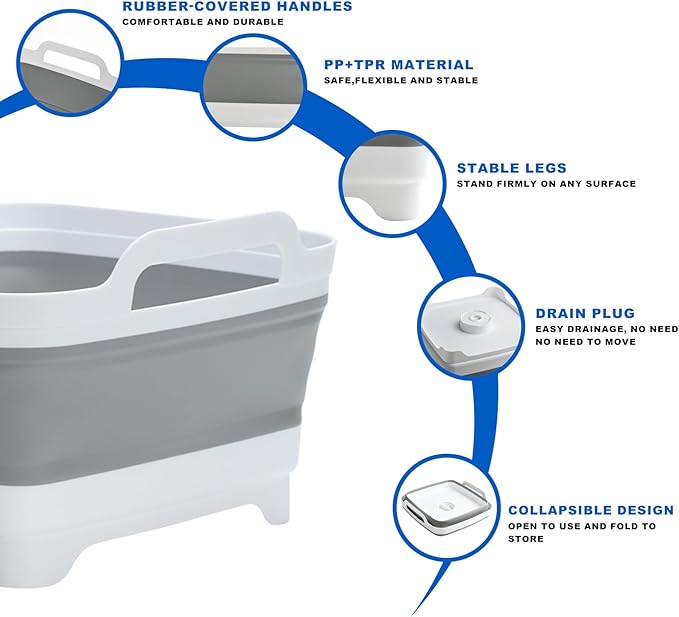 Collapsible Dish Basin Foldable Kitchen Sink With Drain Plug Plastic Laundry Tub 9L/2.4Gal RV & Camping Wash Basin Space-Saving Bottle Washing Sink(Gray)