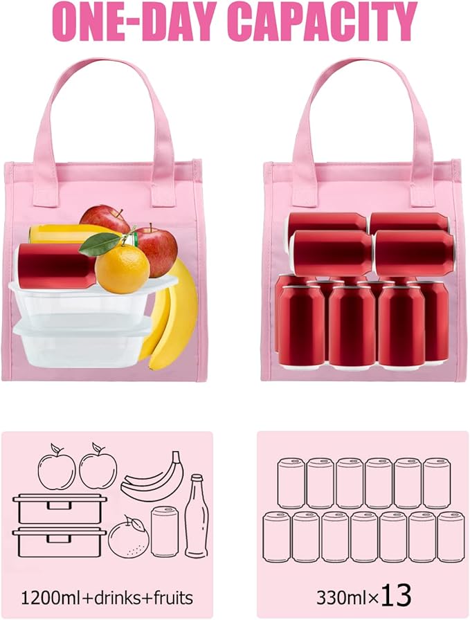 Fmeida Insulated Lunch Cooler - Reusable Women's Cooler Bag with Aesthetic Kawaii Design, Perfect for Office, Picnic, Beach | Front, Side, Interior Pockets