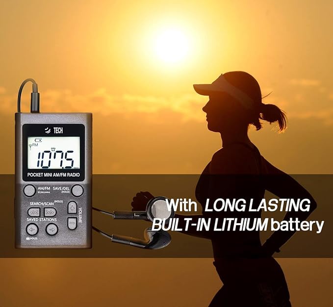 BTECH MPR-AF1 AM FM Personal Radio with Two Types of Stereo Headphones, Clock, Great Reception and Long Battery Life, Mini Pocket Walkman Radio with Headphones (Silver)