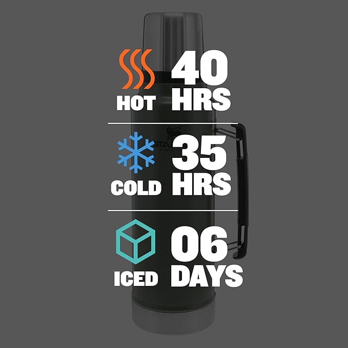 Stanley Classic Legendary Vacuum Bottle 1.5 qt | Wide Mouth with Leakproof Cup Lid | Keep Drinks Hot or Cold | Packable for Travel | Insulated Stainless Steel Thermos | BPA-Free | Hammertone Green