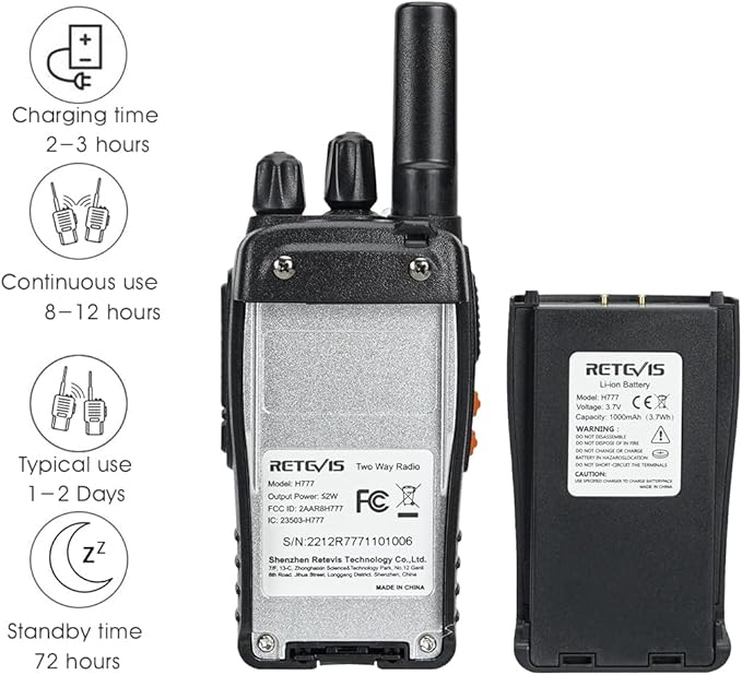 Retevis H-777 Rechargeable Walkie Talkies with Speaker Mic, Long Range 2 Way Radios, Portable FRS Two Way Radios with LED Flashlight(Black, 2 Pack)
