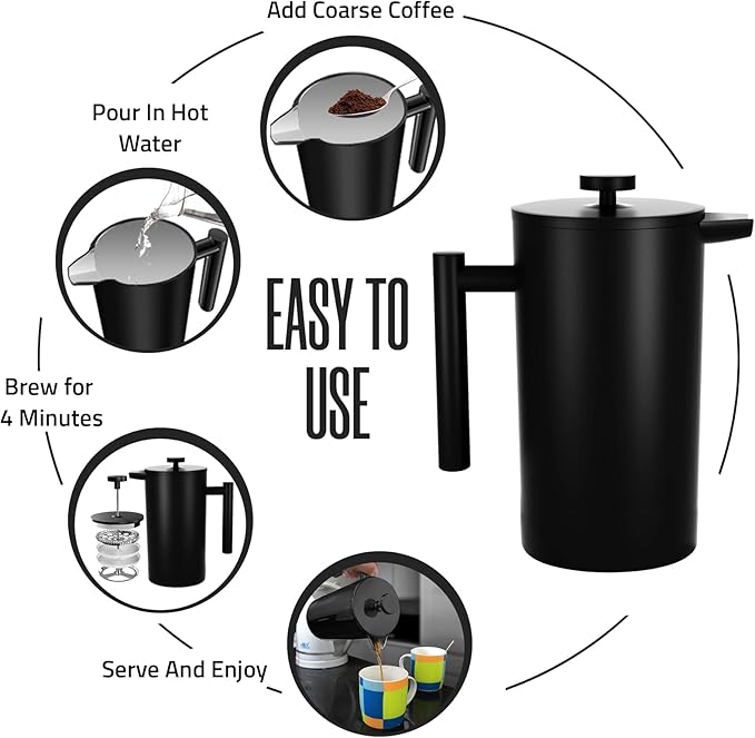 Utopia Kitchen Stainless Steel French Press Coffee Maker 21 Oz, French Press Tea Maker, Cold Brew Portable Travel Coffee Presses, Tea Press Gifts Black