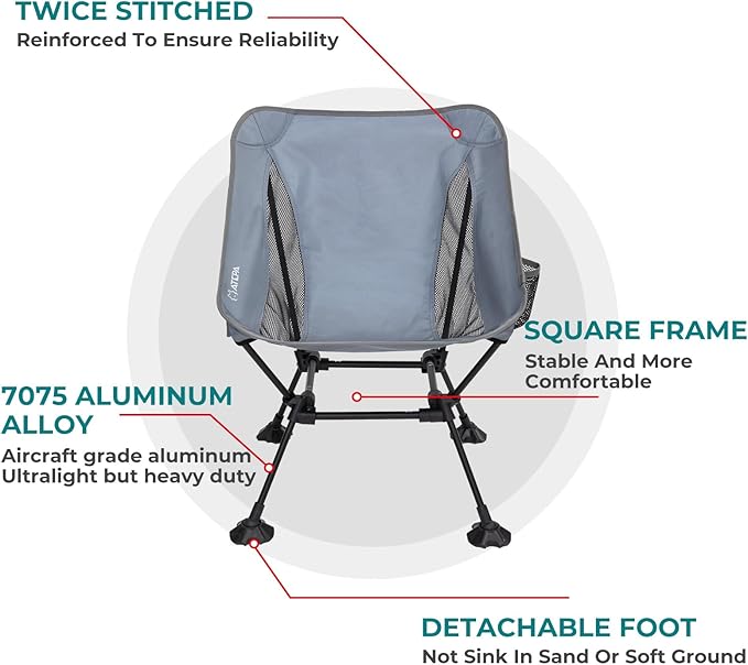 ATEPA Backpacking Chair, Ultralight Folding Portable Small Camping Chairs for Adults Compact Foldable Beach Seat with Anti-Sinking Feet & Aluminum Frame for Outdoor Hiking Travel Fishing