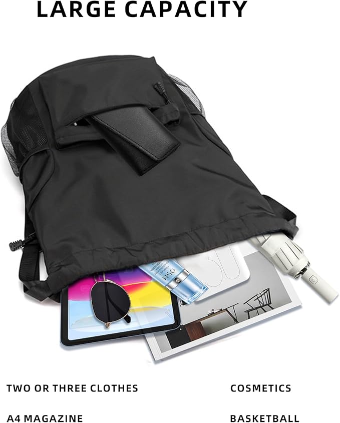 Sports Drawstring Backpack String Swimming Gym Bag Backpack with Shoes Compartment and Pocket for Men Women (black)