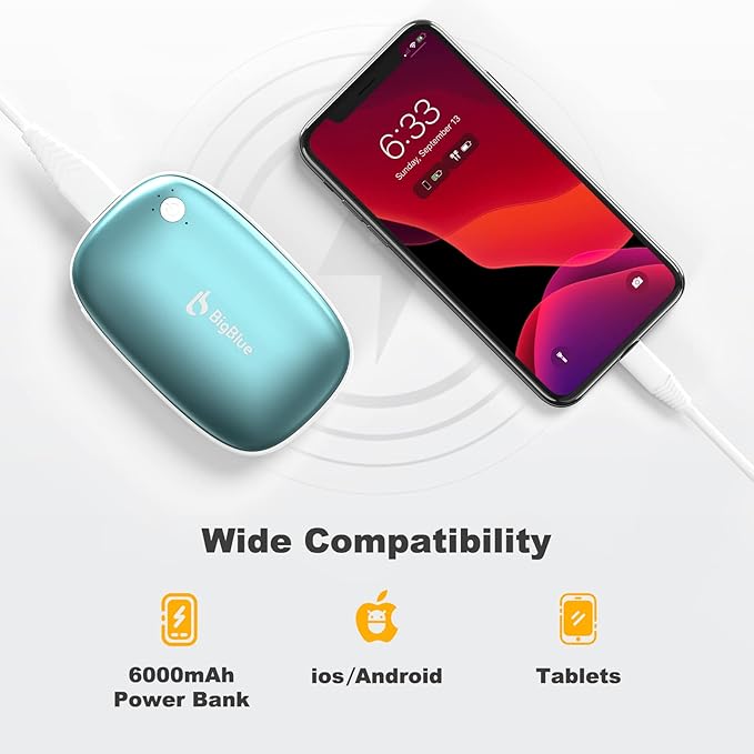 Rechargeable Hand Warmer 3-in-1, BigBlue 6000mAh Reusable Handwarmer with Emergency Light for Camping, Electric USB Hand Warmer Powerbank for Hunting, Pocket Heater for Ski, Golf, Gifts for Girl/Men