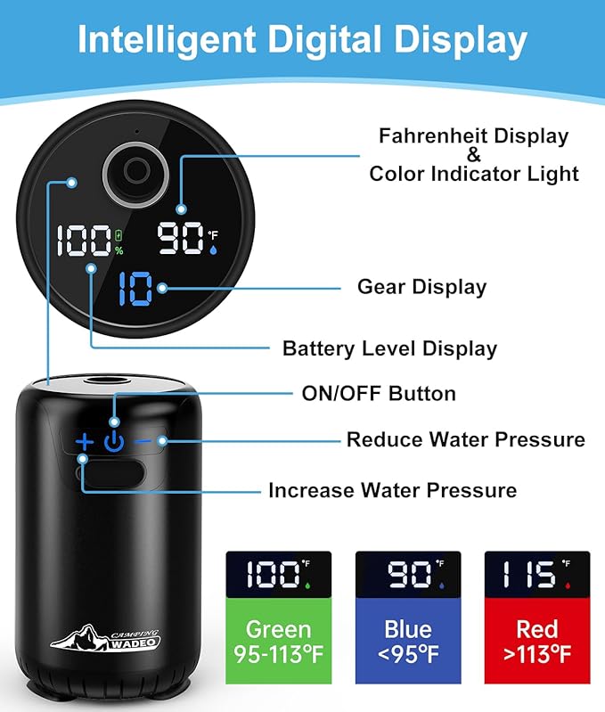 WADEO Portable Shower for Camping, 6000mAh Rechargeable Camping Shower with Fahrenheit Display, 10 Gear Switching, IPX8 Waterproof, Ideal for Outdoor Camping, Travel, Car Washing, Pet Bathing