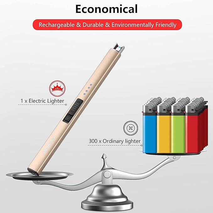 MEIRUBY Lighter Electric Candle Lighter Long Electronic Rechargeable USB Lighter Arc Windproof Flameless Lighters for Candle Camping BBQ Birthday Women's Day Gifts for Women Mom Wife Men, Gold