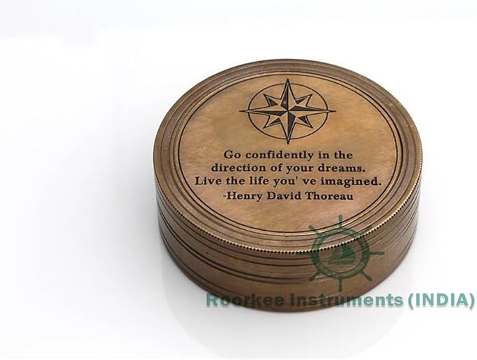 Handmade Brass Sundial Compass โ Thoreau Dream Chaser Quote โ Go Confidently in The Direction of Your Dreams โ Vintage Sun Clock with Leather Case โ Gift for Explorer, Graduate or Loved One