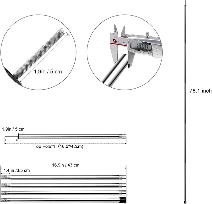 KOMCLUB Tent Poles Adjustable Tarp Poles Heavy Duty Stainless Steel Camping Poles Lightweight 78" Collapsible Canopy Pole for Tarp Telescoping Tent Poles for Awning Hiking Tarp Shelter Set of 2
