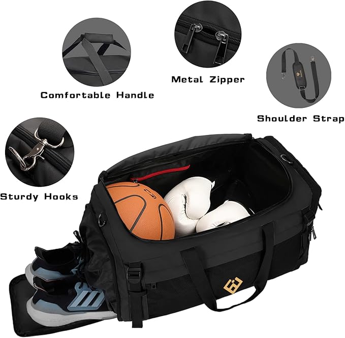 Eackrola Extra Large Sports Gym Bag, Travel Duffel bag with Wet Pocket & Shoes Compartment for men women, 85L, Lightweight (Black)
