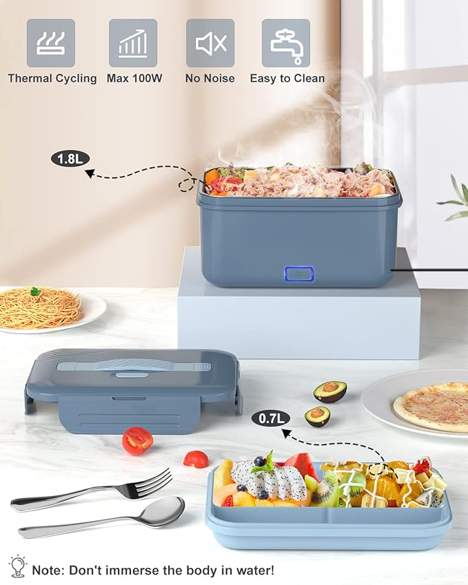 Monteka Electric Lunch Box Food Heater, Upgrade 100W High Power Portable Food Warmer, Heated Lunch Box for Adults Car/Home with 1.8L Removable Stainless Steel Container, 12V/24V/110V/220V, Blue