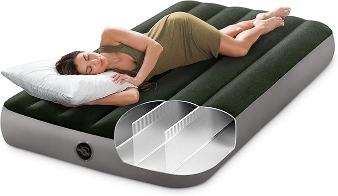 Intex 64777E Dura-Beam Standard Prestige Air Mattress: Fiber-Tech - Twin Size - Hand-Held Battery Pump - 10in Bed Height - 300lb Weight Capacity