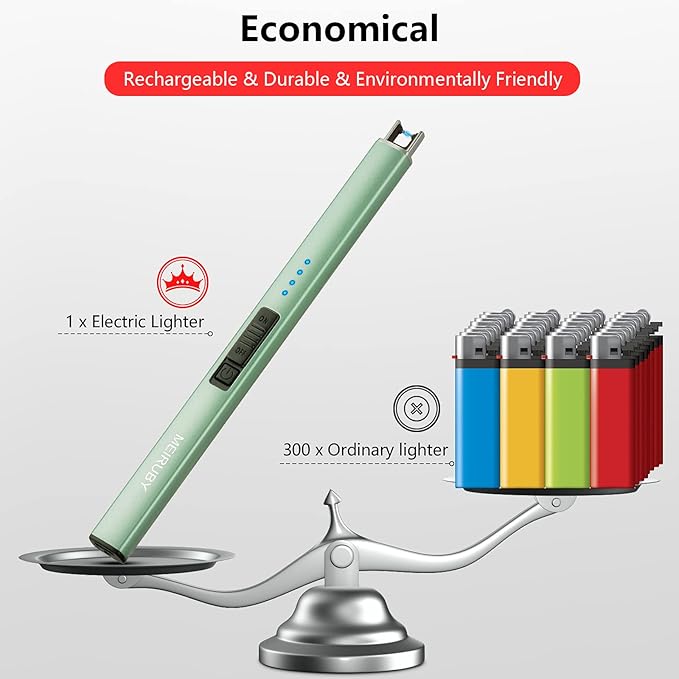 MEIRUBY Lighter Electric Candle Lighter Long Electronic Rechargeable USB Lighter Arc Windproof Flameless Lighters for Candle Camping BBQ Birthday Women's Day Gifts for Women Mom Wife Men, Green