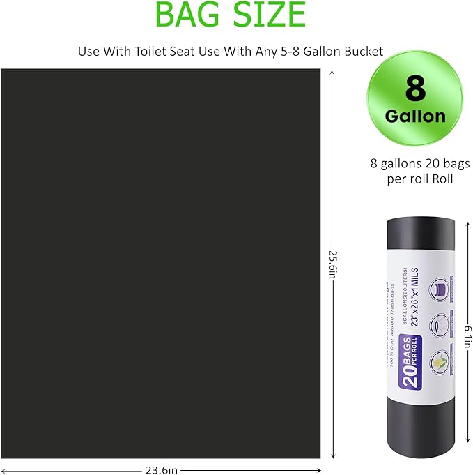 Portable Toilet Bags 8 Gallon Trash Bag,Poop Bags for Dogs Biodegradable,5 Gallon Bucket,Lightweight & Sturdy Pet Waste Bags,Garbage Bags Refill Rolls for Outdoor Camping,Travel(Black)