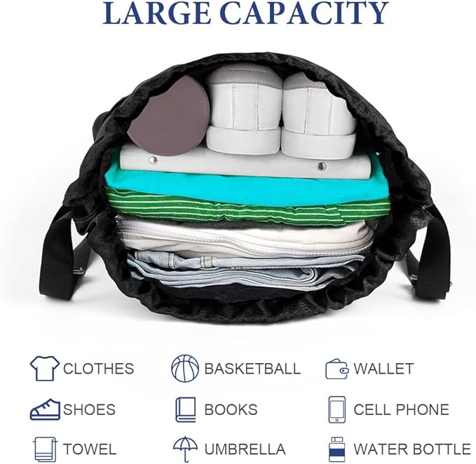 Drawstring Backpack, Waterproof Sports Backpack, Large Sports Gym Bag With Shoe Compartment and Water Bottle Mesh Pockets, for Sports Beach Holidays Swimming Travel (Black)