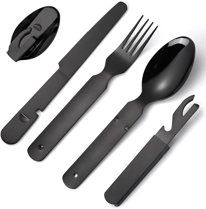 Portable Silverware Black Flatware Camping Cutlery Stainless Steel Spoon Fork Knife and Bottle Opener 4 Pieces Utensil Outdoor Travel Foldable Easy to Clean