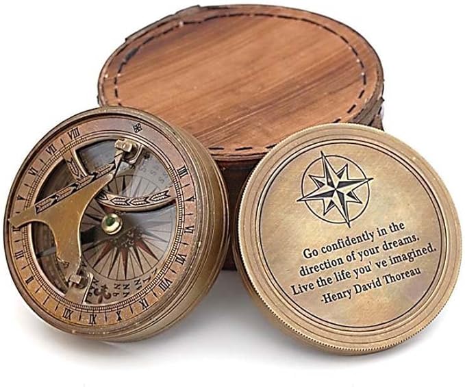 Handmade Brass Sundial Compass โ Thoreau Dream Chaser Quote โ Go Confidently in The Direction of Your Dreams โ Vintage Sun Clock with Leather Case โ Gift for Explorer, Graduate or Loved One
