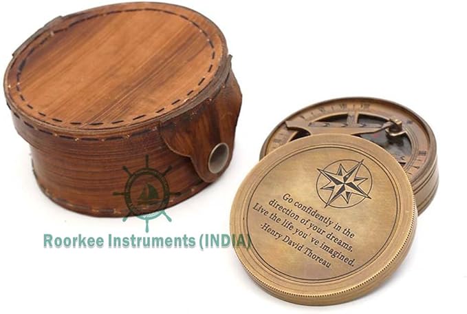 Handmade Brass Sundial Compass โ Thoreau Dream Chaser Quote โ Go Confidently in The Direction of Your Dreams โ Vintage Sun Clock with Leather Case โ Gift for Explorer, Graduate or Loved One
