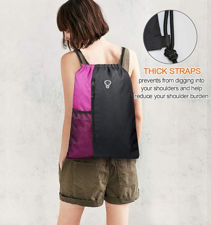 Drawstring Backpack Sports Gym Bag for Women Men Large Size With Two Zipper Pockets and Water Bottle Mesh Pockets