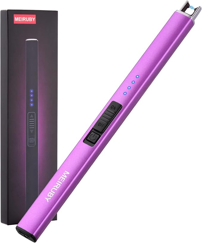 MEIRUBY Lighter Electric Candle Lighter Long Electronic Rechargeable USB Lighter Arc Windproof Flameless Lighters for Candle Camping BBQ Birthday Women's Day Gifts for Women Mom Wife Men, Purple
