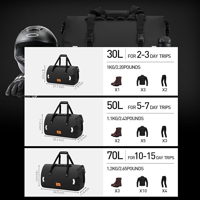 Motorcycle Dry Bag, Waterproof Duffel Bag & Roll-top Dry Duffel Bag, Motorcycle Luggage Travel Bag with Air Valve & Quick-adjust Straps For Riding,Travel, Black, 70L