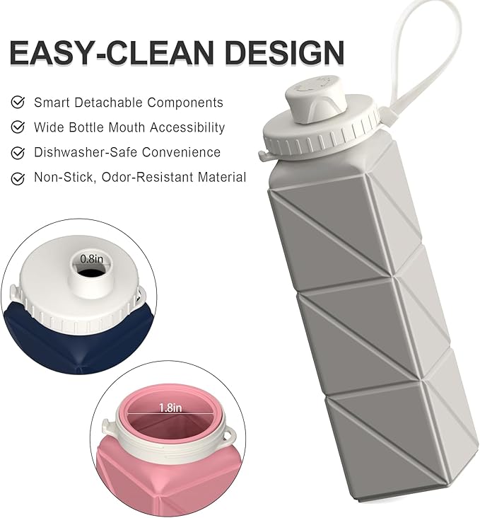 Collapsible Water Bottles 20.6oz, Silicone Foldable Portable Travel Water Bottle, Folding Lightweight Reusable Leakproof for Traveling Camping Hiking Cycling Yoga Sports Outdoor